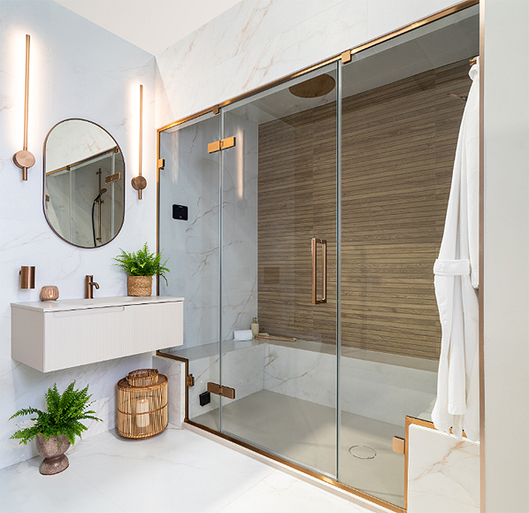 Merlyn Arysto frameless hinged shower door with 10mm safety glass.
